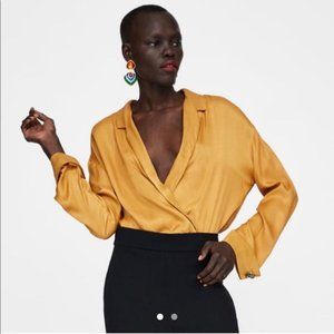 NWOT Zara Mustard Long Sleeve Bodysuit Gem Buttons